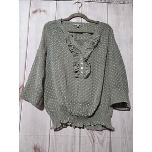 Daniel Rainn Women's Green Polka Dot Ruffle V-Neck Smocked Waist Blouse M